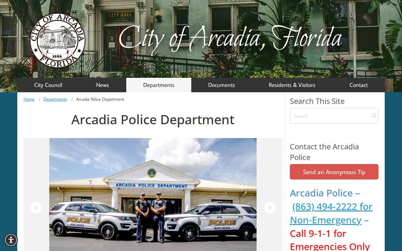 Arcadia Police Department access page for DeSoto County arrest records