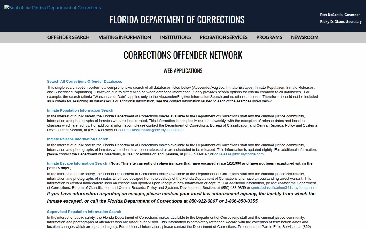Florida Corrections search for DeSoto County offender photo records
